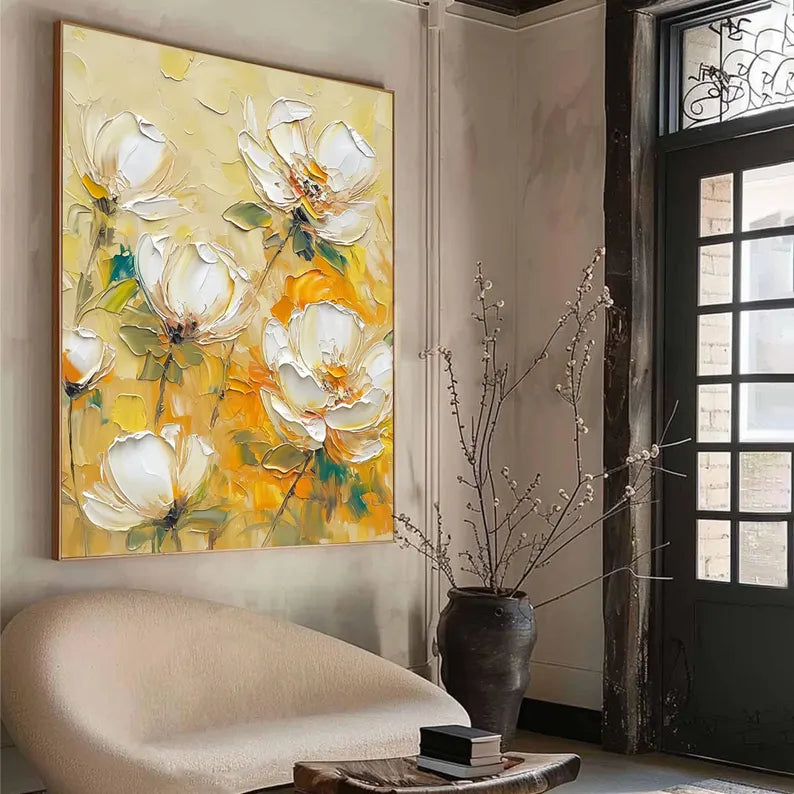 Large Yellow Floral Wall Art – Modern White Flower Canvas Painting for Living Room