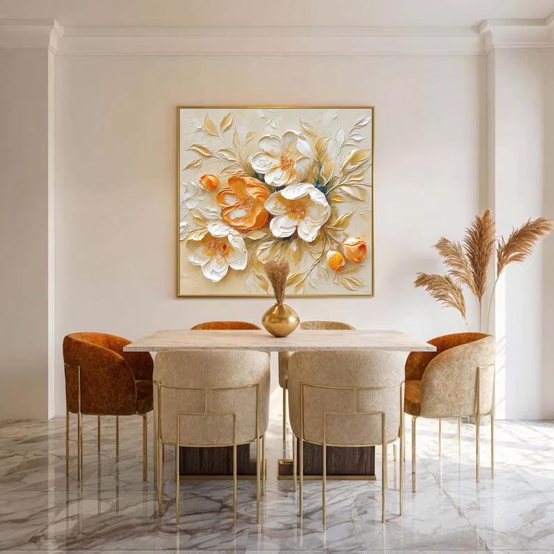 Large Neutral Floral Wall Art – Elegant Cream and Gold Flower Canvas Painting for Living Room Decor