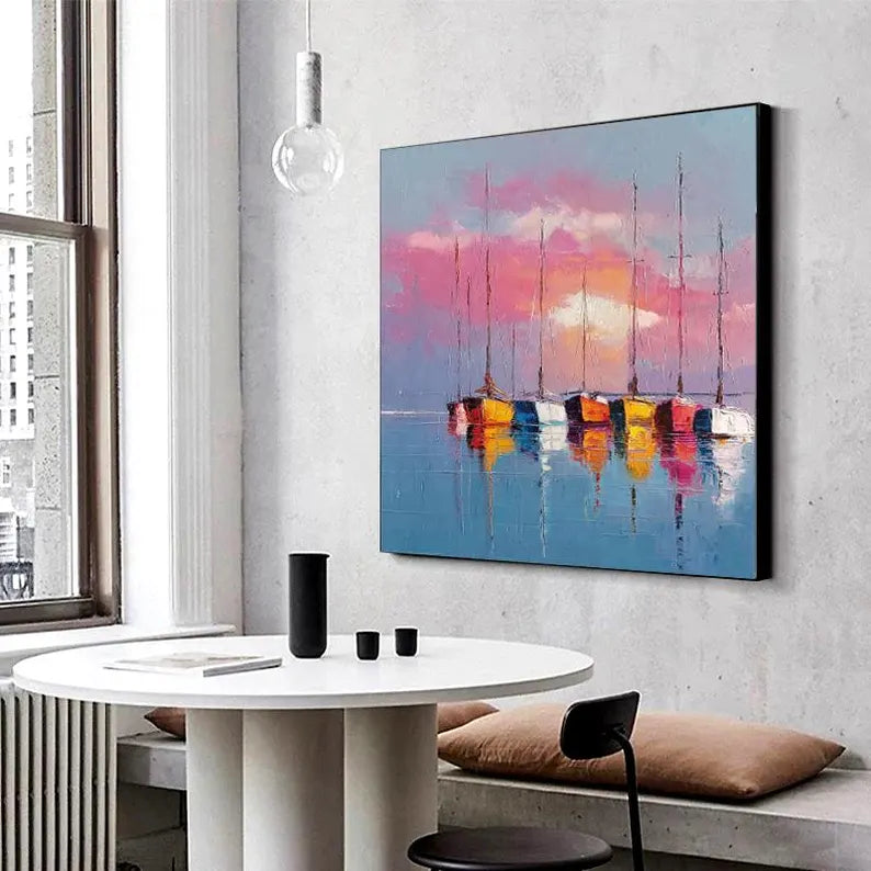 Colorful Sunset Sailboat Wall Art – Modern Coastal Seascape Canvas Painting for Living Room Decor