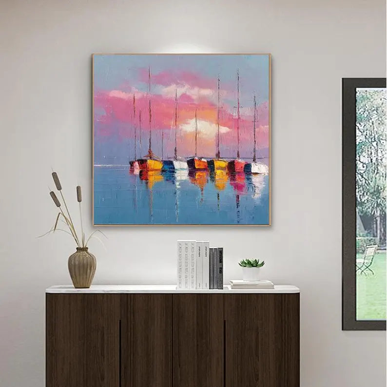 Colorful Sunset Sailboat Wall Art – Modern Coastal Seascape Canvas Painting for Living Room Decor