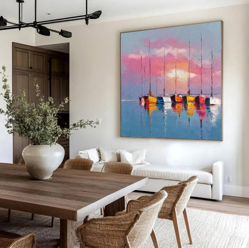 Colorful Sunset Sailboat Wall Art – Modern Coastal Seascape Canvas Painting for Living Room Decor