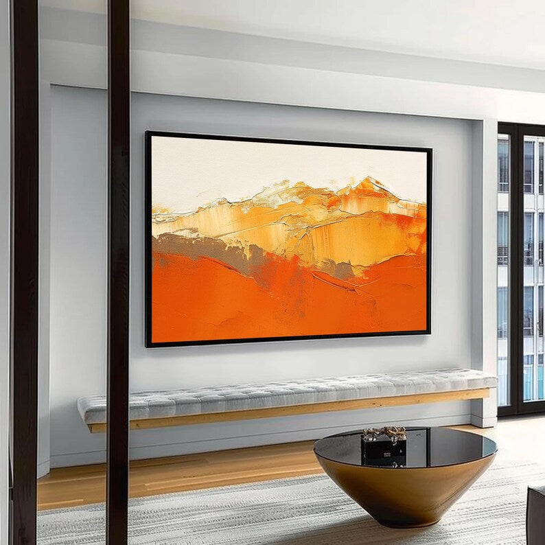 Large Orange Abstract Landscape Wall Art – Modern Mountain Canvas Painting for Living Room Decor