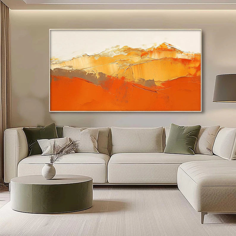 Large Orange Abstract Landscape Wall Art – Modern Mountain Canvas Painting for Living Room Decor