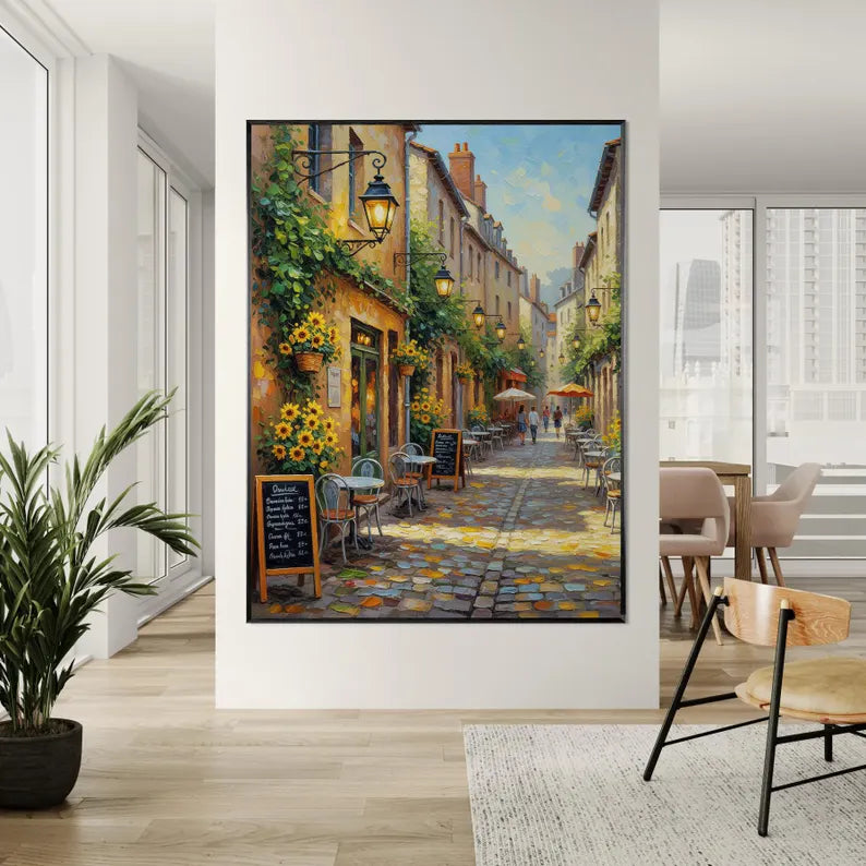 Charming European Cafe Street Wall Art – Colorful Parisian Alley Canvas Painting for Living Room Decor