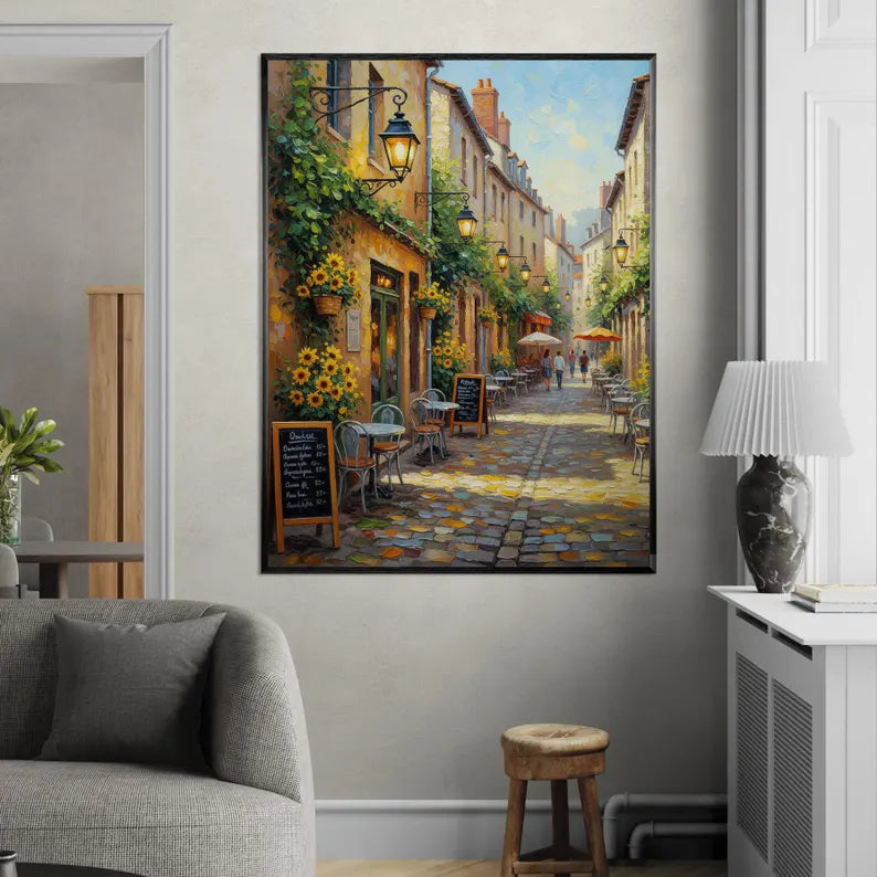 Charming European Cafe Street Wall Art – Colorful Parisian Alley Canvas Painting for Living Room Decor