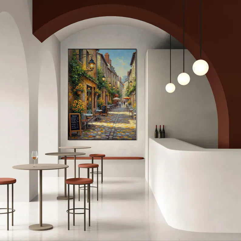 Charming European Cafe Street Wall Art – Colorful Parisian Alley Canvas Painting for Living Room Decor