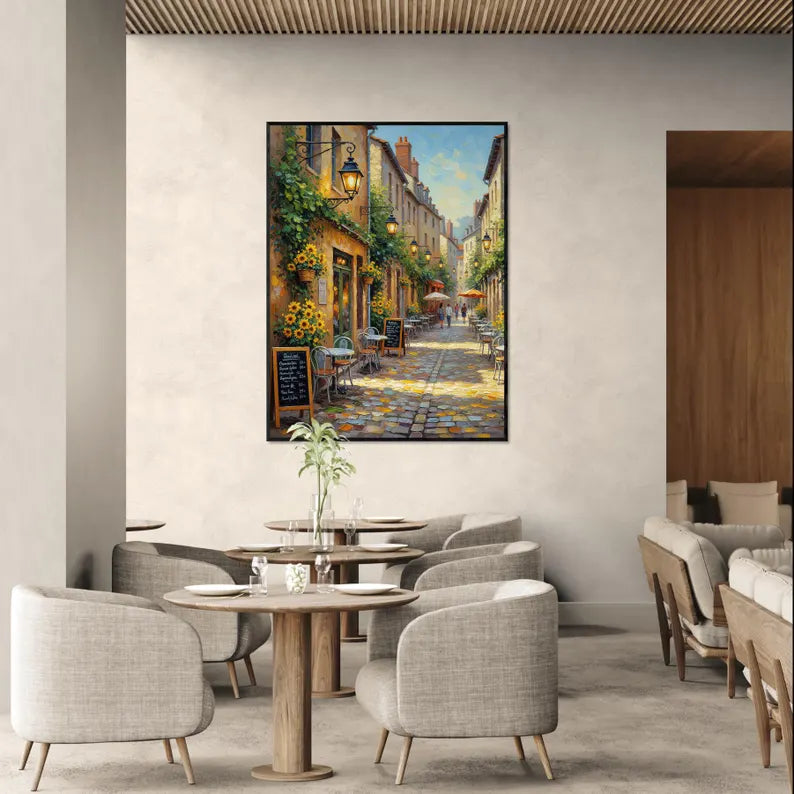 Charming European Cafe Street Wall Art – Colorful Parisian Alley Canvas Painting for Living Room Decor
