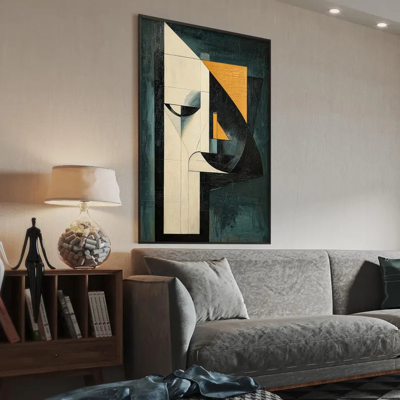 Large Geometric Abstract Face Wall Art – Modern Mid-Century Style Canvas Painting for Living Room Decor