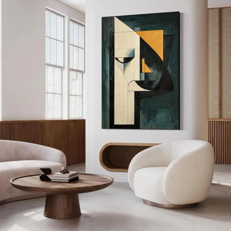 Large Geometric Abstract Face Wall Art – Modern Mid-Century Style Canvas Painting for Living Room Decor