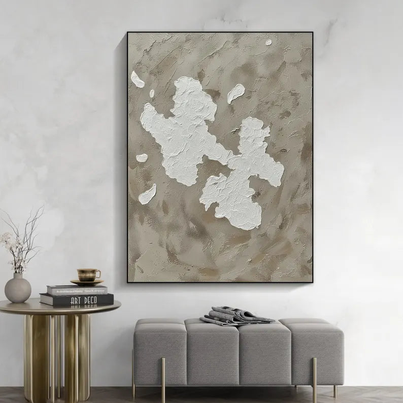Neutral Textured Abstract Wall Art – Minimalist Beige Plaster Canvas Painting for Modern Luxury Living Room Decor