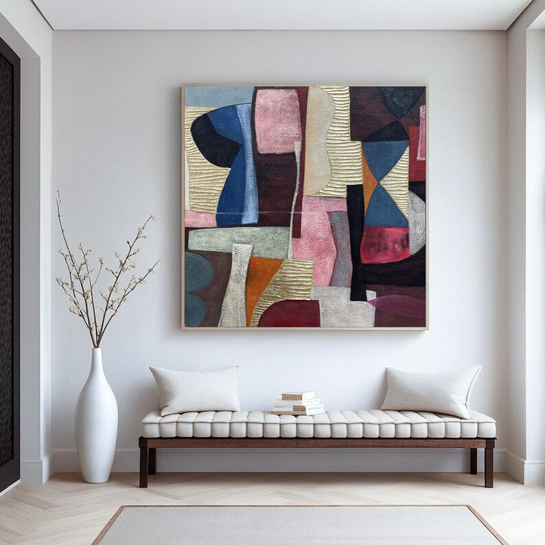 Large Mid-Century Abstract Geometric Wall Art – Modern Color Block Canvas Painting for Living Room Decor