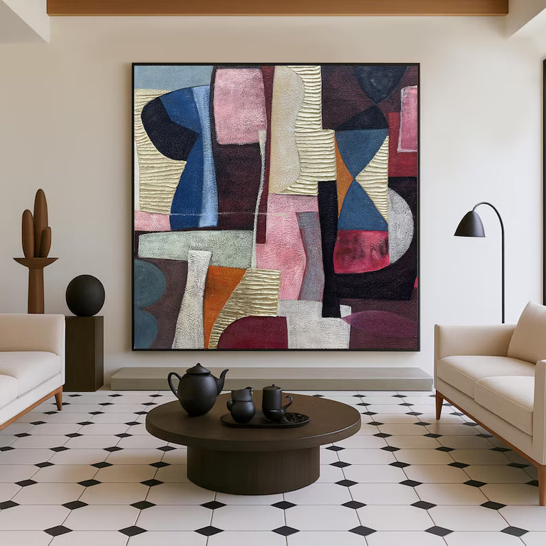 Large Mid-Century Abstract Geometric Wall Art – Modern Color Block Canvas Painting for Living Room Decor