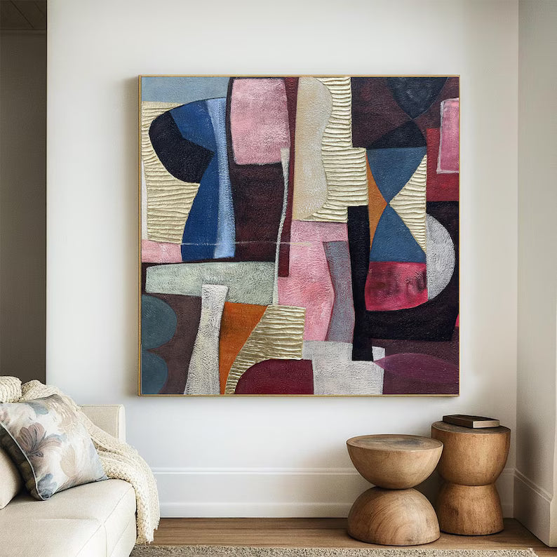 Large Mid-Century Abstract Geometric Wall Art – Modern Color Block Canvas Painting for Living Room Decor