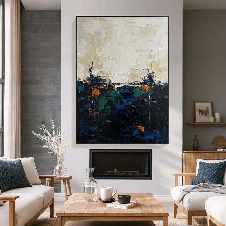 Large Dark Abstract Landscape Wall Art – Modern Blue and Neutral Canvas Painting for Living Room Decor