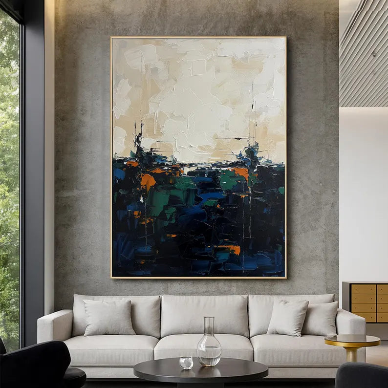Large Dark Abstract Landscape Wall Art – Modern Blue and Neutral Canvas Painting for Living Room Decor