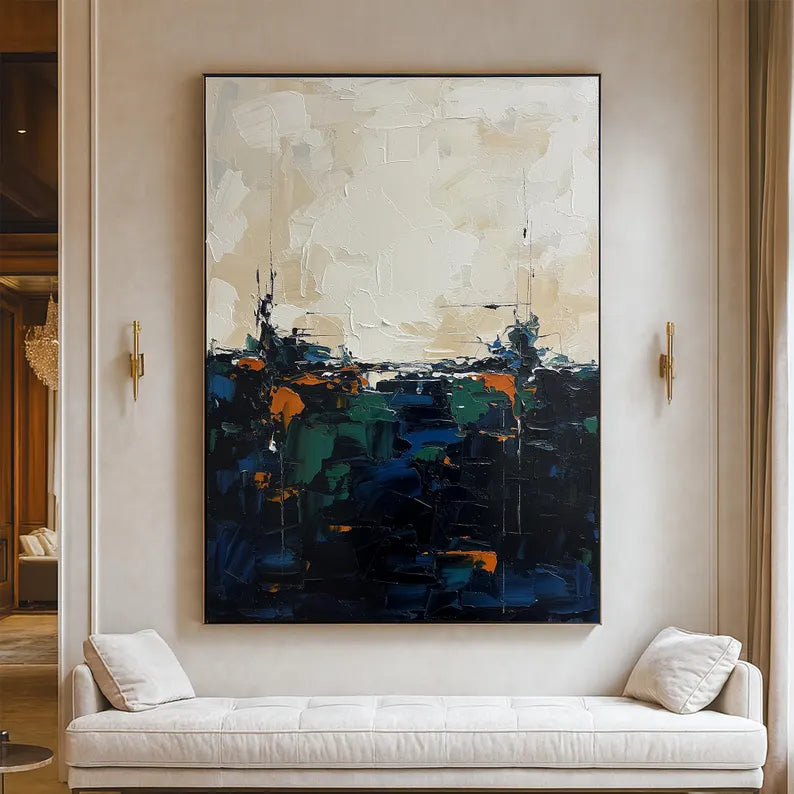 Large Dark Abstract Landscape Wall Art – Modern Blue and Neutral Canvas Painting for Living Room Decor