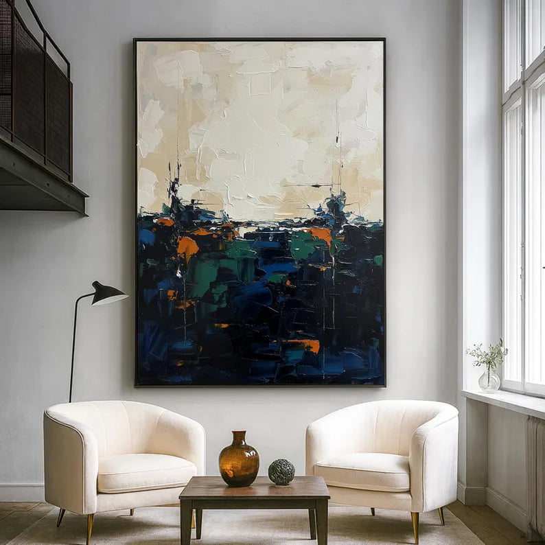 Large Dark Abstract Landscape Wall Art – Modern Blue and Neutral Canvas Painting for Living Room Decor