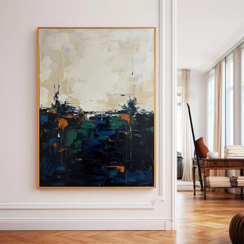 Large Dark Abstract Landscape Wall Art – Modern Blue and Neutral Canvas Painting for Living Room Decor