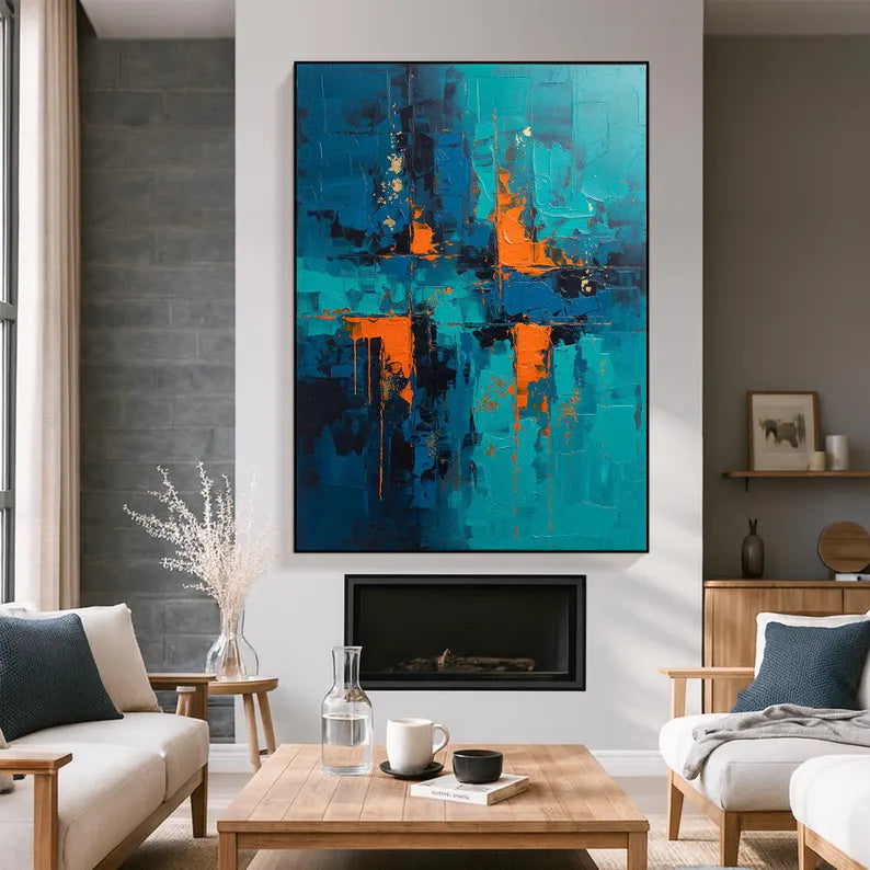 Blue and Orange Abstract Wall Art – Modern Textured Geometric Canvas Painting for Contemporary Living Room Decor