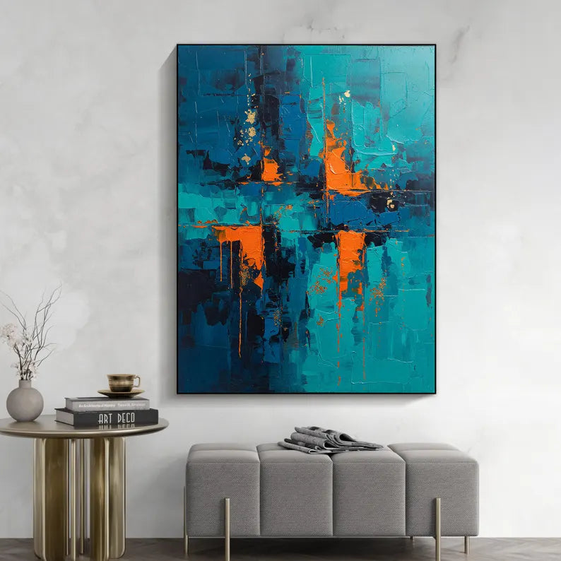 Blue and Orange Abstract Wall Art – Modern Textured Geometric Canvas Painting for Contemporary Living Room Decor