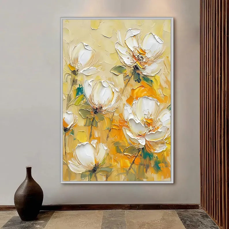 Large Yellow Floral Wall Art – Modern White Flower Canvas Painting for Living Room