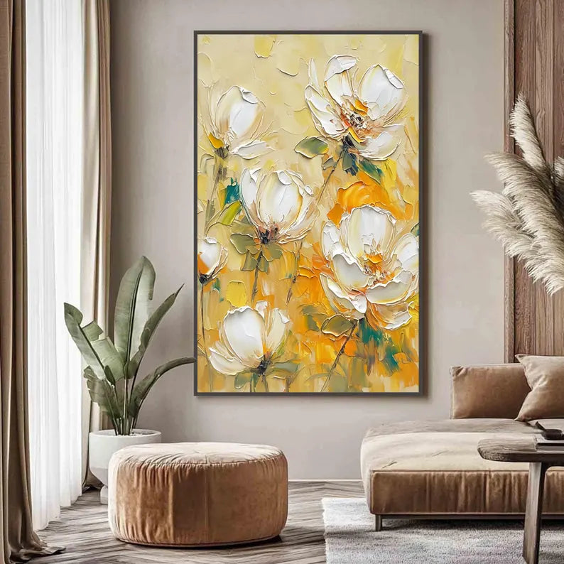 Large Yellow Floral Wall Art – Modern White Flower Canvas Painting for Living Room