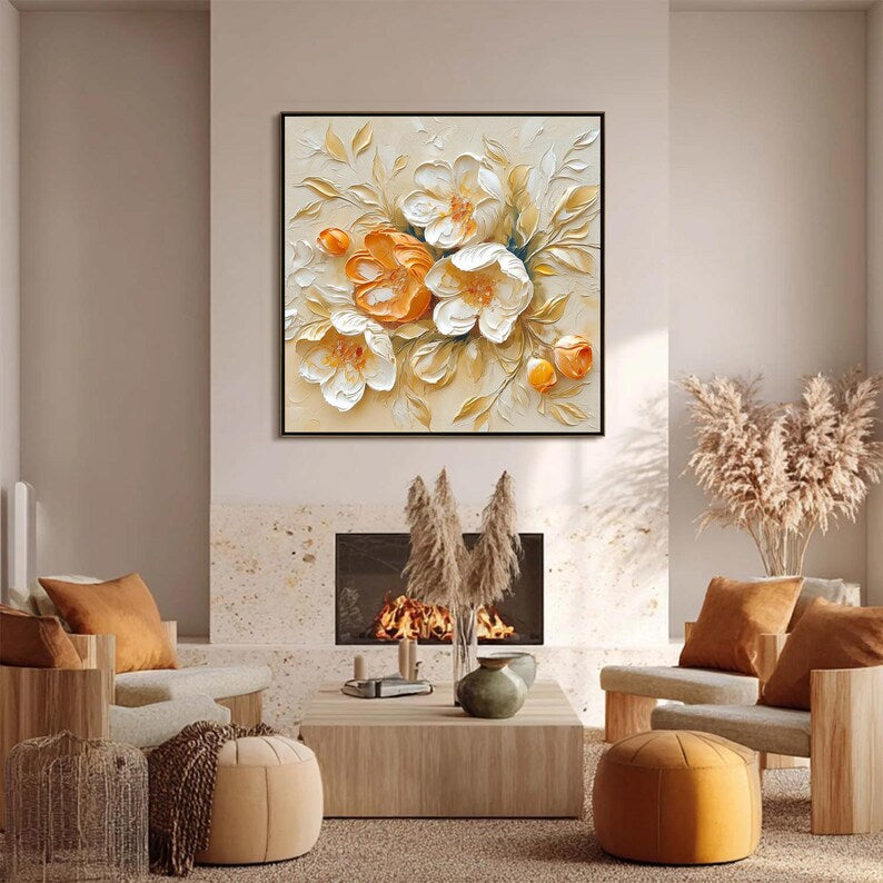 Large Neutral Floral Wall Art – Elegant Cream and Gold Flower Canvas Painting for Living Room Decor