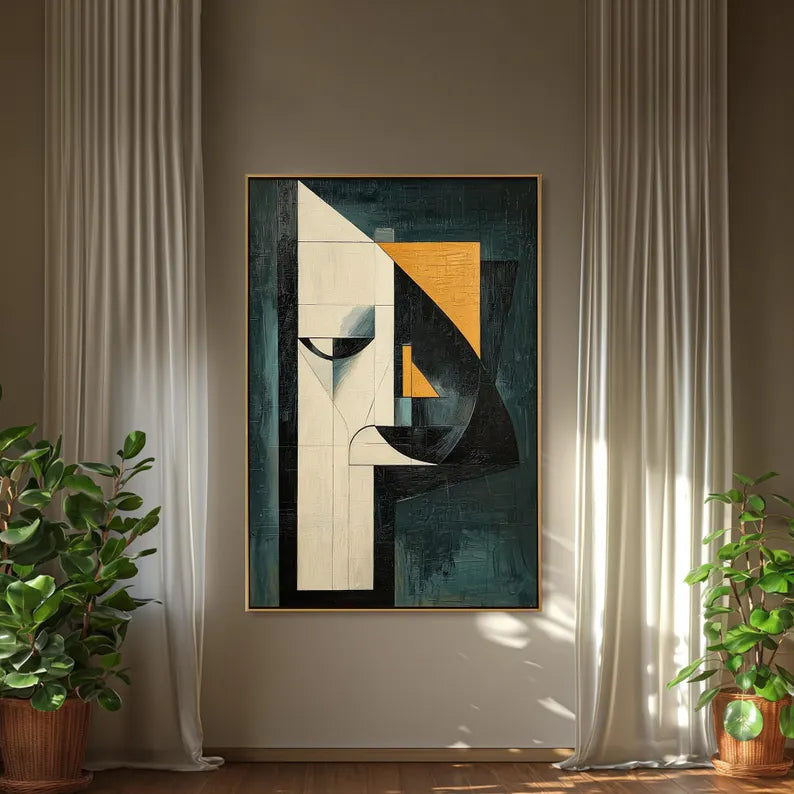 Large Geometric Abstract Face Wall Art – Modern Mid-Century Style Canvas Painting for Living Room Decor