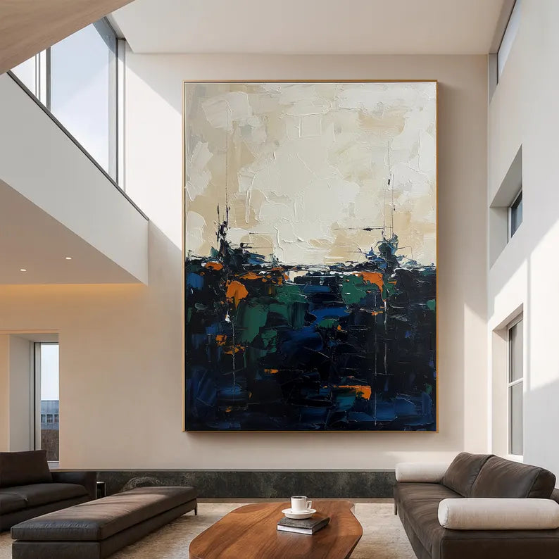 Large Dark Abstract Landscape Wall Art – Modern Blue and Neutral Canvas Painting for Living Room Decor