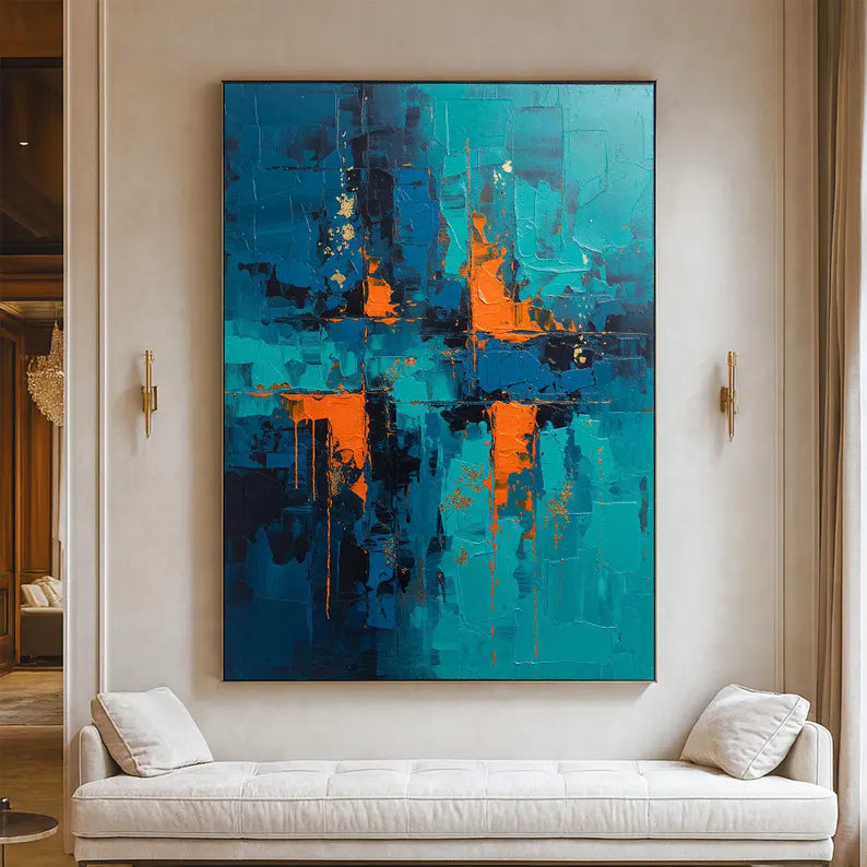 Blue and Orange Abstract Wall Art – Modern Textured Geometric Canvas Painting for Contemporary Living Room Decor
