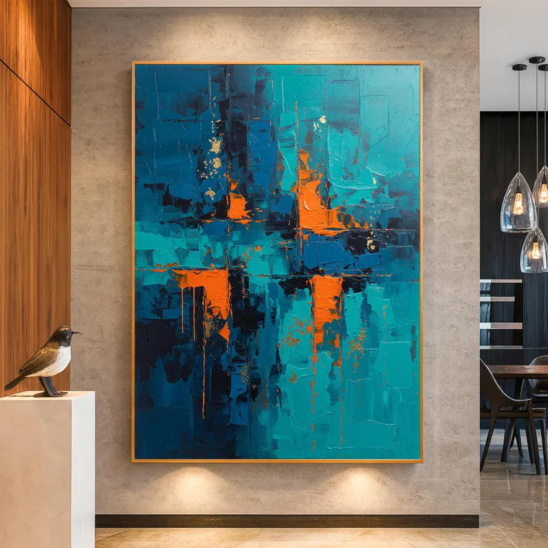 Blue and Orange Abstract Wall Art – Modern Textured Geometric Canvas Painting for Contemporary Living Room Decor