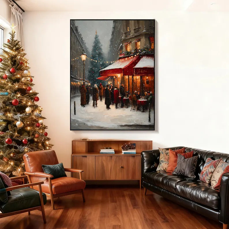 Christmas Paris Street Scene Oil Painting – Snowy Winter Café Landscape Canvas Wall Art for Holiday Home Decor