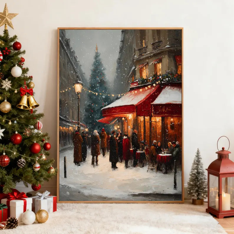Christmas Paris Street Scene Oil Painting – Snowy Winter Café Landscape Canvas Wall Art for Holiday Home Decor