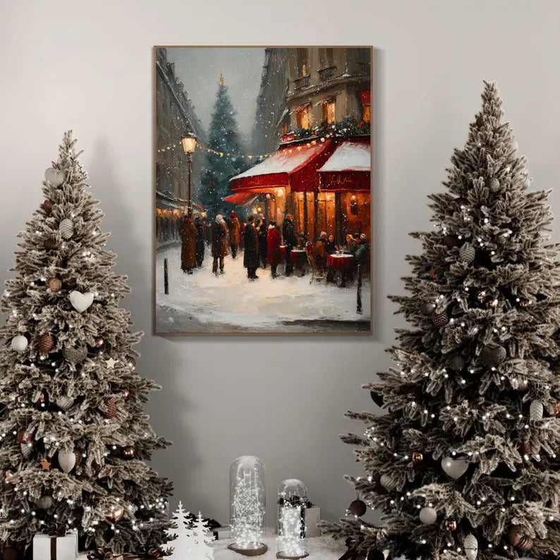 Christmas Paris Street Scene Oil Painting – Snowy Winter Café Landscape Canvas Wall Art for Holiday Home Decor