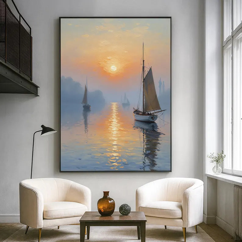 Sunset Sailboat Seascape Oil Painting – Serene Harbor Landscape Canvas Wall Art for Modern Coastal Home Decor