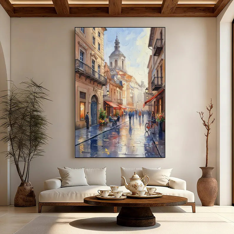 European Old Town Street Scene Wall Art – Impressionist Cityscape Canvas Painting for Living Room Decor