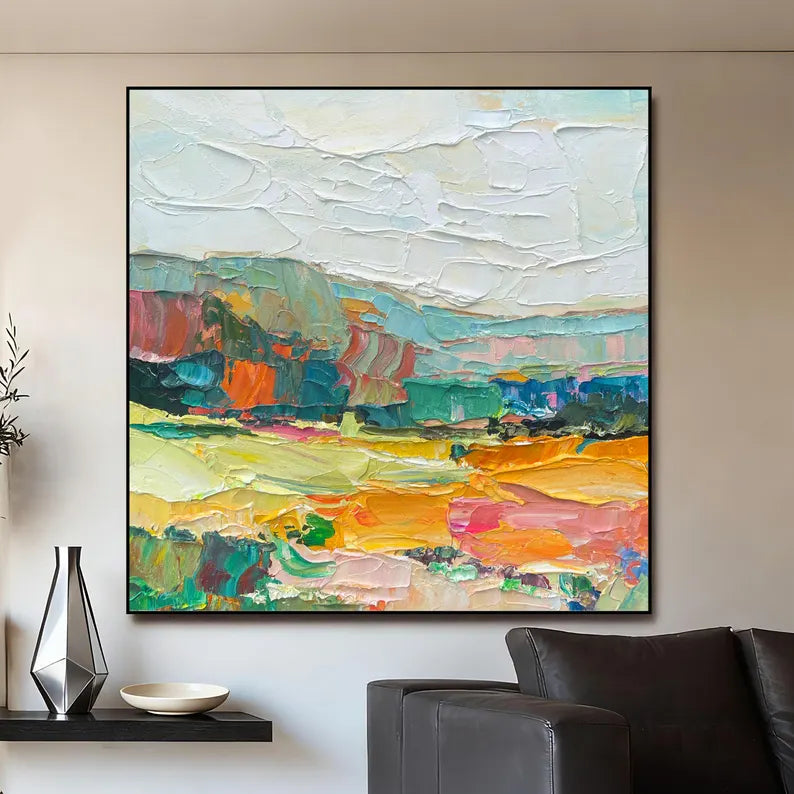 Colorful Textured Abstract Landscape Wall Art – Modern Palette Knife Canvas Painting for Living Room Decor