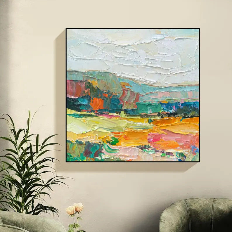 Colorful Textured Abstract Landscape Wall Art – Modern Palette Knife Canvas Painting for Living Room Decor
