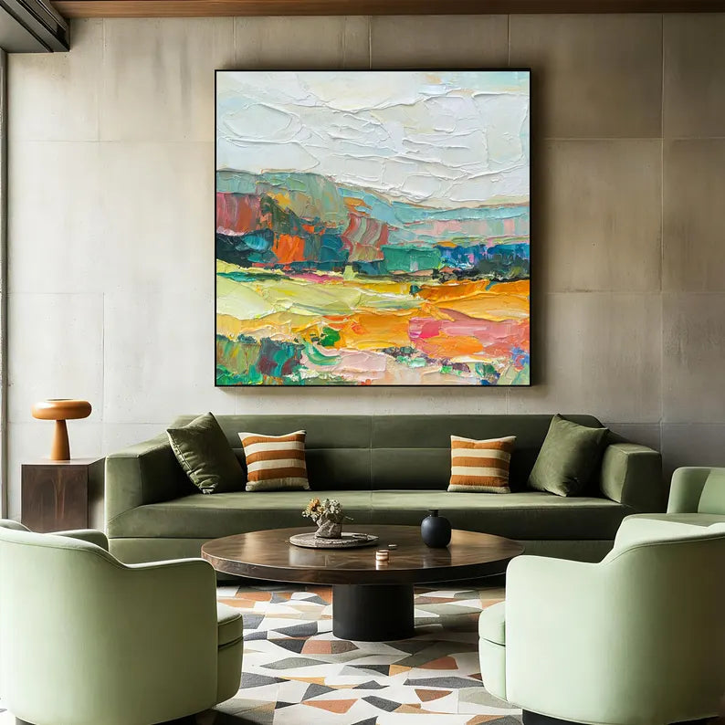 Colorful Textured Abstract Landscape Wall Art – Modern Palette Knife Canvas Painting for Living Room Decor