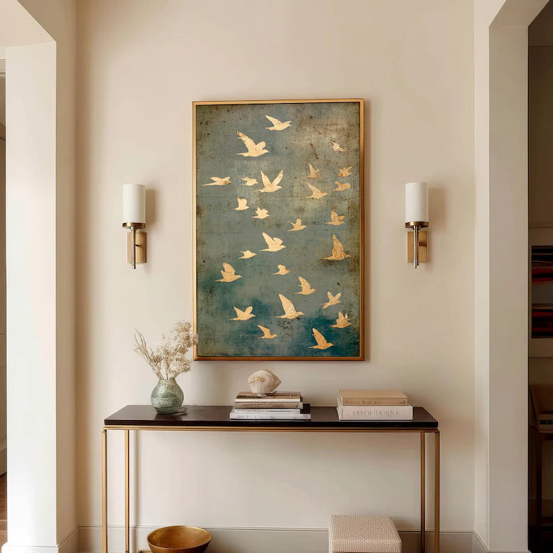 Large Gold Flying Birds Wall Art – Modern Abstract Nature Canvas for Living Room