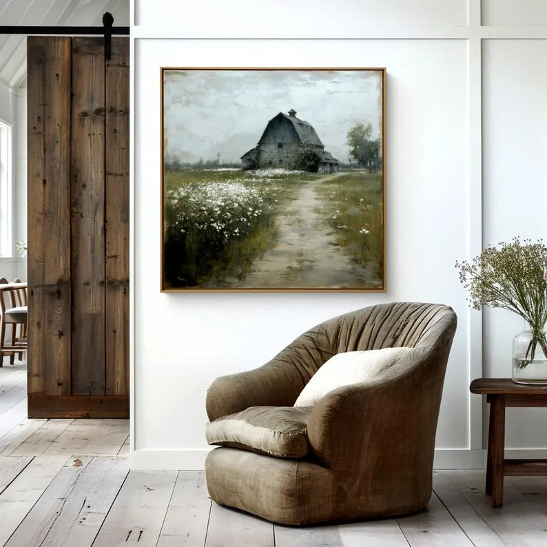 Rustic Farmhouse Landscape Wall Art – Vintage Country Barn Canvas Painting for Farmhouse Living Room Decor