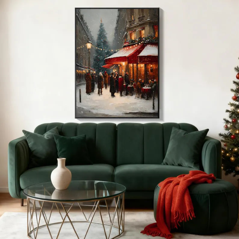 Christmas Paris Street Scene Oil Painting – Snowy Winter Café Landscape Canvas Wall Art for Holiday Home Decor