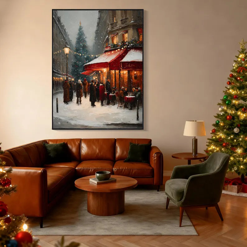 Christmas Paris Street Scene Oil Painting – Snowy Winter Café Landscape Canvas Wall Art for Holiday Home Decor