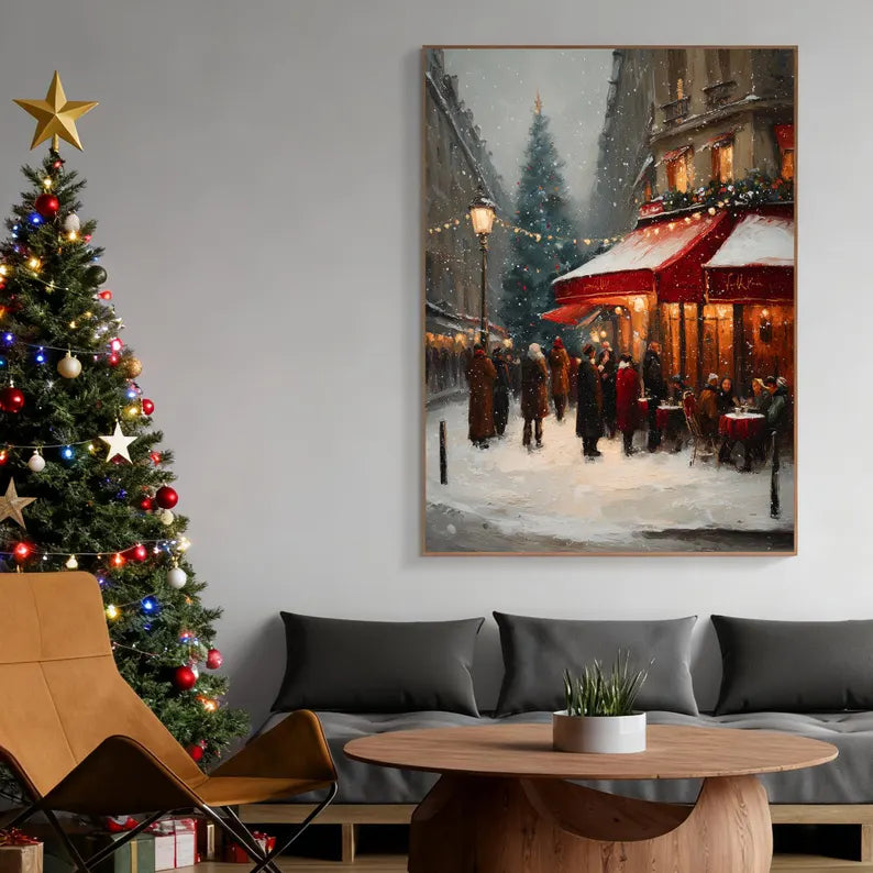 Christmas Paris Street Scene Oil Painting – Snowy Winter Café Landscape Canvas Wall Art for Holiday Home Decor