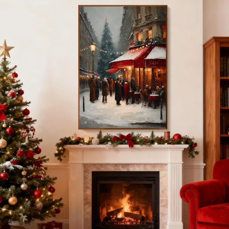 Christmas Paris Street Scene Oil Painting – Snowy Winter Café Landscape Canvas Wall Art for Holiday Home Decor