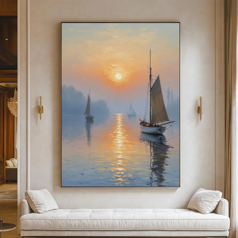 Sunset Sailboat Seascape Oil Painting – Serene Harbor Landscape Canvas Wall Art for Modern Coastal Home Decor