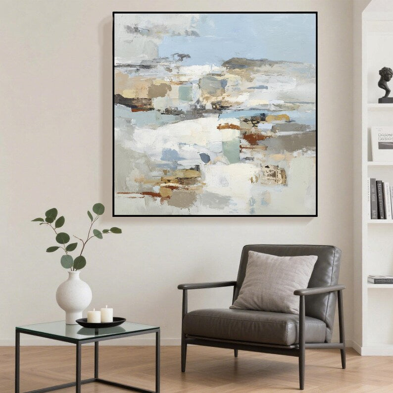 Large Neutral Abstract Landscape Wall Art – Modern Beige and Blue Canvas Painting for Living Room Decor