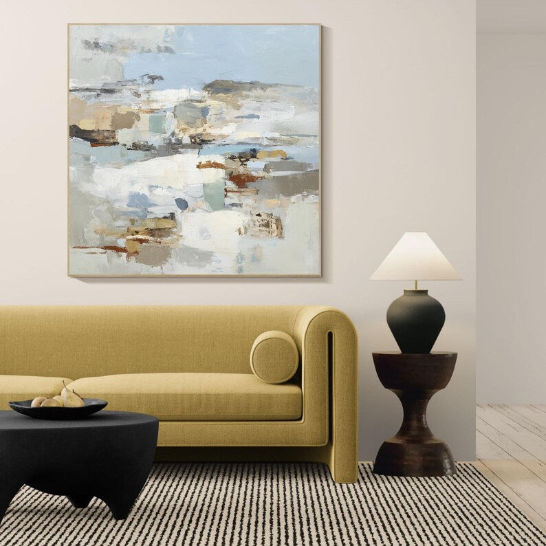 Large Neutral Abstract Landscape Wall Art – Modern Beige and Blue Canvas Painting for Living Room Decor