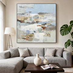Large Neutral Abstract Landscape Wall Art – Modern Beige and Blue Canvas Painting for Living Room Decor