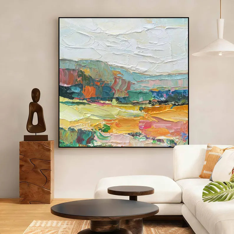 Colorful Textured Abstract Landscape Wall Art – Modern Palette Knife Canvas Painting for Living Room Decor